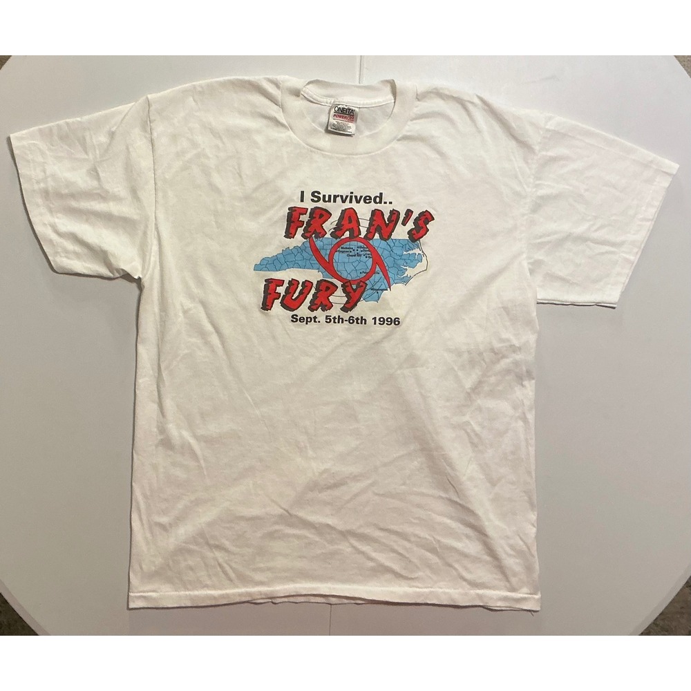 VTG Single Stitch 1996 Hurricane Fran North Carolina T-Shirt Oneita XL White
